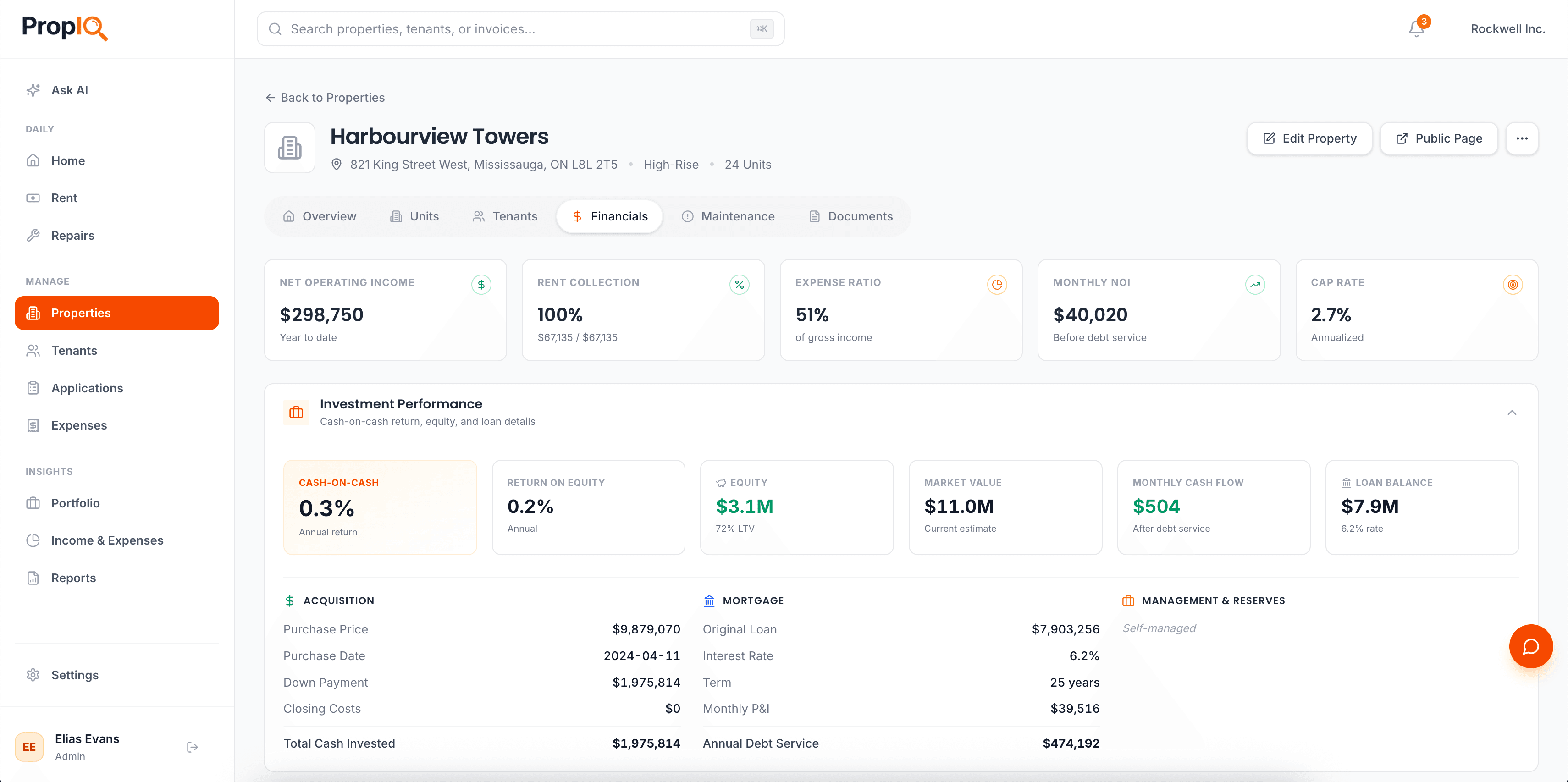 Property financials with investment performance details